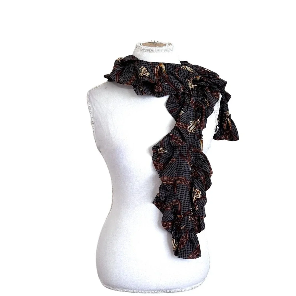 Lauren Ralph Lauren‎ Silk Bridal Equestrian Ruffle Scarf Houndstooth Heritage